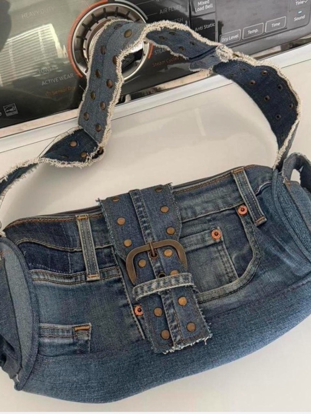 Frayed Denim Shoulder Bag with Studded Belt Accent - Blue